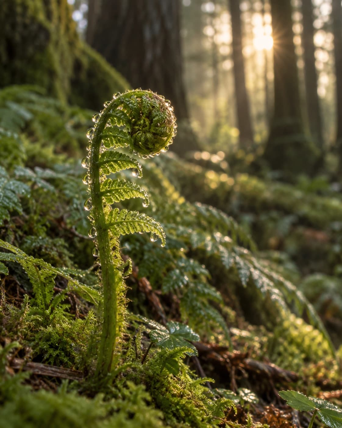 Dew on an unfurling fern in the soft morning light of a forest
